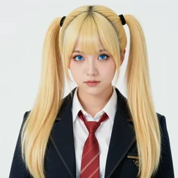 a film still of junko enoshima, a japanese gyaru model with thick blonde pigtails, blue eyes, and gyaru fashion, villianess, fashion photography