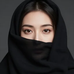 a beautiful woman looking straight, with layers of black cloth around her head and face, beautiful hair, natural makeup, dark aesthetic