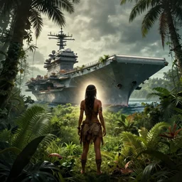 a tribal woman from behind in front of the !aircraft carrier USS Nimitz overgrown with vegetation on the ground of a tropical forest, post appocalyptic illustration, by Luis Royo, by Greg Rutkowski, dark, gritty, intricate, backlit, strong rim light, cover illustration, concept art, volumetric lighting, volumetric atmosphere, sharp focus, octane render, trending on artstation, 8k