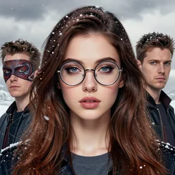 glamor portrait, young female model, round glasses, falling snow, cloudy background, intricate detailed photorealistic by mark brooks, helene knoop, artgerm, charlie bowater, mandy jurgens and alex ross, bold colors, artstation