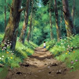 deep muddy forest on a sunny day walkway panorama, blooming, very traditional gouache painting gouache by disney makoto shinkai disney pixar kyoto animation