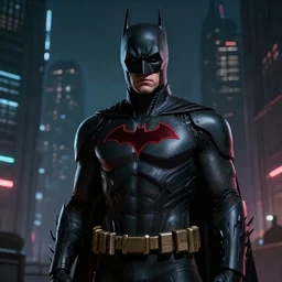 bruce timm style dark color pallette. smooth cybernetic black suit with red logo. mid shot portrait of the cyberpunk mouthless terry mcginnis batman from the show \ batman beyond \. batmanbeyond. futuristic gotham bg. masterpiece octane artstation render. fzd. artgerm, michael garmash, jeremy lipkin, craig mallismo. lighting by james gurney.