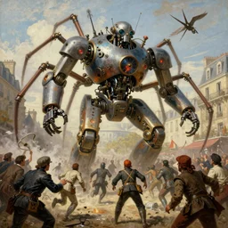 giant steampunk robot - spiders attacking french revolution in paris, socialist realism painting, big panic, crowd running away, by jakub rozalski artgerm and greg rukowsky highly detailed