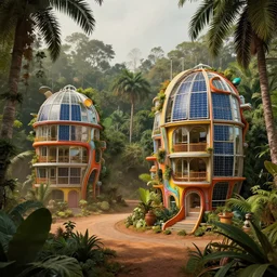 solar punk greenhouse apartments in a tropical forest setting. vivid colors mixes with dusty moody lighting. architectural concepts inspired by dune 2 0 4 9, 8 k, photorealism