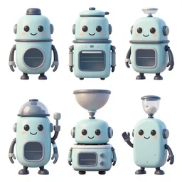 game asset sheet, material study, 2 d sprite, kitchen appliances as robot caricatures