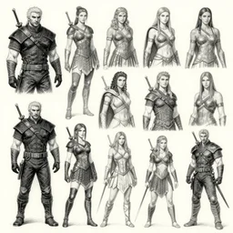 detailed pencil spot illustrations of various character concepts from the witcher series and xena warrior princess crossover, various poses, by burne hogarth, by bridgeman, by anthony ryder, by yoshitaka amano, by ruan jia, by conrad roset, by mucha, cgsociety, artstation.