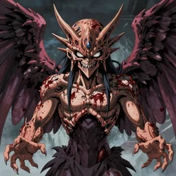 4K headshot of mothman with defined arms and open hands and bloody victims with giant wings , intricate face , flawless anime cel animation by Kentaro Miura,psychedelic , highly detailed upper body , professionally post-processed , beautiful, scary, symmetry accurate features, epic, octane rendered, anime masterpiece, accurate
