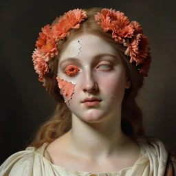 hyperrealism close - up mythological portrait of a beautiful medieval woman's shattered face partially made of coral color flowers in style of classicism using the fibonacci golden ratio, pale skin, wearing ivory colour dress, dark and dull palette
