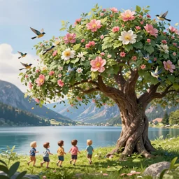 a beautiful awesome artistic tree with falling flowers like leaves and many birds, around tree babies running, all in the amazing outdoors view, mountain in the background, lake, long exposure, 8 k resolution, trending on artstation