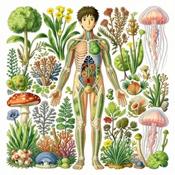 highly detailed illustration of an anatomic human with all the known species of plants, flowers, corals, mushrooms and jellyfish by juan gatti, by makoto shinkai, by moebius!, by oliver vernon