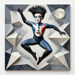mc escher tessellation gender ambiguous person jumping with abstract makeup face fused body black gloves blue red light mullet sun moon symmetrical facial features hyper realistic 4 k rule of thirds extreme detail by gottfried helnwein raqib shaw - w 1 0 2 4