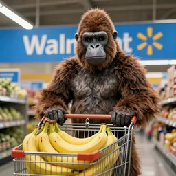 a woman in a gorilla suit with a shopping cart filled with bananas at walmart