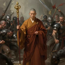 one monk handling a quarterstaff against lots of enemies. intricate, elegant, highly detailed, digital painting, artstation, concept art, sharp focus, illustration, by justin gerard and artgerm, 8 k