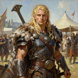 A mixed media painting of a blonde barbarian man or woman, very aesthetic, fur armor, detailed face and eyes, by Frank Frazetta, Greg Rutkowski, Beeple, Yoko Taro, Christian MacNevin, epic fantasy character art, viking runes, high fantasy, CGsociety, full length, exquisite detail, post-processing, masterpiece, cinematic, roman festival backdrop