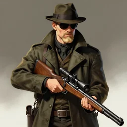 viktor reznov from call of duty : world at war with a coat, a blonde goatee, short hair, fedora, and sunglasses, holding a wooden sniper rifle, establishing shot, art by yoji shinkawa