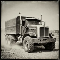 old wetplate daguerreotype portrait tractor trailer truck in mad max : fury road ( 2 0 1 5 ), midday light, dust storm