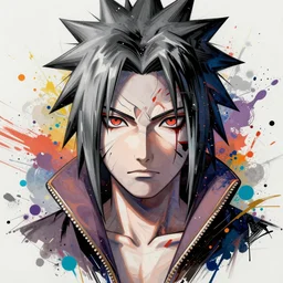 uchiha sasuke, hyper detailed, insane details, intricate, elite, elegant, luxury, beautiful abstract full body, center bottom frame, face symmetry, colorful spray paint splatters, expressive, abstract art, by greg rutkowski, by jeremy mann, by francoise nielly, 4 k, 8 k, correct body proportion, cinematic style, by ismail inceoglu dragan bibin