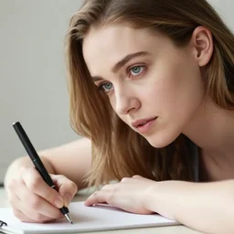 georgian katie mcgrath writing at her desk by vittorio reggianini, bright lighting, perfectly detailed eyes, beautiful hands, pale skin, clear face