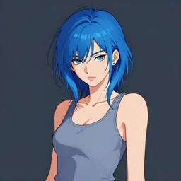 character portrait of a cool chinese girl with messy blue hair, 2 8 4, wearing a tanktop, posing, highly detailed, stylized, medium shot, vector line art, clean cel shaded vector art, by ross tron, lois van baarle, artgerm, helen huang, makoto shinkai, ilya kuvshinov, rossdraws