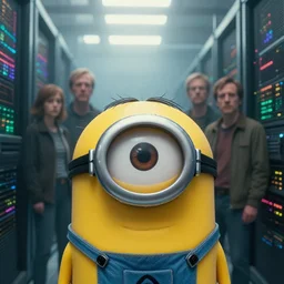 extremely detailed cinematic movie still 3 0 7 7 foggy portrait closeup shot of a minion in an endless data centre by denis villeneuve, wayne barlowe, simon birch, marc simonetti, philippe druillet, beeple, bright volumetric sunlight from small windows, rich moody colors, closeup