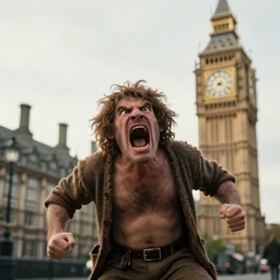 Caveman going berserk with big Ben in background