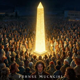 hyperrealist portrait of an enormous glowing obelisk surrounded by thousands of worshippers at night by jeremy mann and alphonse mucha and alan lee, fantasy art, photo realistic, dynamic lighting, artstation, poster, volumetric lighting, very detailed faces, award winning