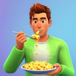 a portrait of a sims character eating mac and cheese