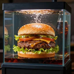 a juicy hamburger in a giant aquarium filled with coke