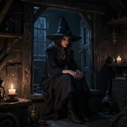a witch sitting in the shadows on the inside of a dark cottage at night, highly detailed interior, by Bastien LeCouffe-Deharme, hyperrealistic, Cryengine 8k UHD