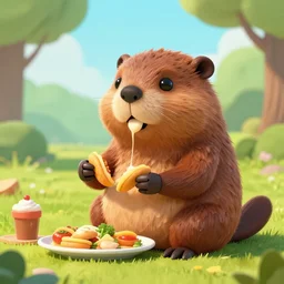 a beautiful illustration of a strange anthropomorphic beaver robot hybrid having lunch in the park by James Jean | unreal engine:.6