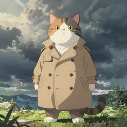 anime tall, lumpy cat in trench coat