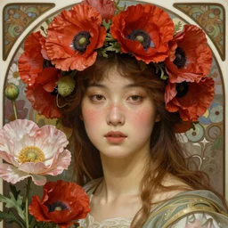 Pre-raphaelite painting of a beautiful asian girl with freckles, wearing a flower headpiece made of red poppies, surrounded by big flowers, porcelain skin, cinematic lighting, photo realistic, highly detailed, maya, digital painting, artstation, concept art, sharp focus, illustration, by Mucha