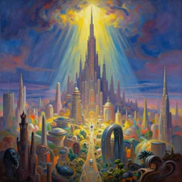 a view of the alien civilization city. painted by, mc escher, gordon onslow ford, georgia o'keeffe and ivan aivazovsky, cinematic light, god rays, colourful, unreal engine.