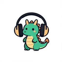 svg sticker, centered, round-cropped, white-space-surrounding, Dragon listening to headphones, flat colors, vector art