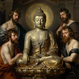 buddha, key lighting, soft lights, by steve hanks, by edgar maxence, by caravaggio, by michael whelan, by delacroix, by serov valentin, by tarkovsky, 8 k render, detailed, oil on canvas