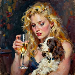 oil painting of blonde woman with a glass of champagne and a spaniel puppy with intense feeling and great poignancy. the characteristics of the painting are its strong colors, its deep shadows, and its overall feeling of great movement. the style of the painting is expressive and deeply emotional. the colors are bright and the background is detailed.
