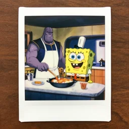 polaroid of spongebob and thanos cooking in hotel as master chef
