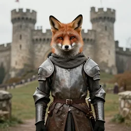 anthropomorphic fox who is a medieval knight in front of a castle 1 9 3 0 s film still, ladislas starevich