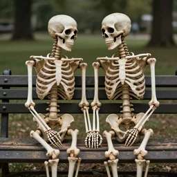 front view portrait of romantic couple! of two human skeletons!, sitting on a park bench, tenderly holding their hands, partially covered with dust, cinematic lighting, photorealistic image