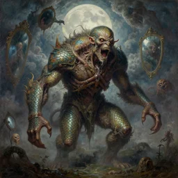 concept art of giant golem, lovecraftian, renaissance, roaring, melting horror, round moon, rich clouds, fighting the horrors of the unknown, mirrors, very detailed, volumetric light, mist, grim, fine art, decaying, textured oil over canvas, epic fantasy art, very colorful, ornate scales, anato finnstark