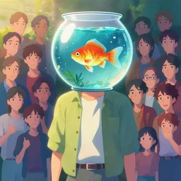 character concept of a man with a fishbowl with a fish in it for a head instead of a head. vibrant colors, soft lighting, 8 k, octane render. by makoto shinkai, stanley artgerm lau, wlop, rossdraws, james jean, andrei riabovitchev, marc simonetti, krenz cushart, sakimichan, d & d trending on artstation, digital art.