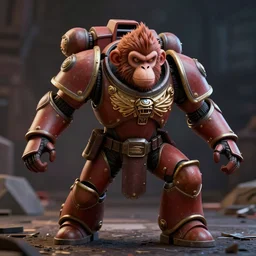 suzanne the 3 d blender monkey blender 3 d wearing warhammer space marine armor dynamic pose menacing cinematic shot atmospheric greebled high detail 4 k