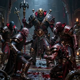 warriors battling vampires, bloody, cinematic lighting, photorealistic, cgi, hyper - realistic, concept art, octane render, detailed and intricate environment, 4 k, artstation trending, behance, by world of warcraft