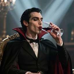 A still image featuring a vampire drinking wine, detailed, beautiful, cinematic, god rays, ray-tracing, high quality