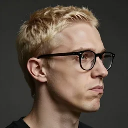 a short haired blonde man making a troll face, eye glasses, protruding chin, profile