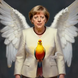 angela merkel as angel, bright gloriole, centered, symmetrical, digital painting, artstation, art by artgerm