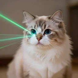 cute fluffy cat with laser beams coming out of its eyes