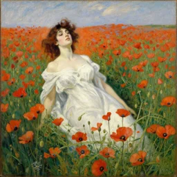 lady death in a field of poppies, low pov, by george frederick watts and lucien levy - dhurmer, oil on canvas, 1 8 9 6