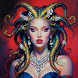 a beautiful painting cyberpunk medusa, jewelry, diamond jewelry. by ukiyo - e award - winning art, andy warhol color, dramatic light, octane render