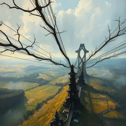 futuristic branching and vaulted cable structure stretching out across the countryside, highly detailed oil painting, impasto brush strokes, soft light, 8 k, cyberpunk colour palette, dramatic composition, dramatic lighting, sharp focus, concept art, masterpiece, by adrian ghenie and jenny saville and zhang jingna